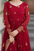 Majestic Maroon Faux Blooming Gown – Rich Zari & Sequence Embroidery with Dupatta