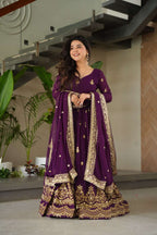 Royal Purple Faux Blooming Gown – Zari & Sequence Embroidery with Dupatta