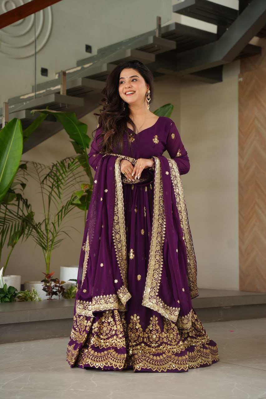 Royal Purple Faux Blooming Gown – Zari & Sequence Embroidery with Dupatta