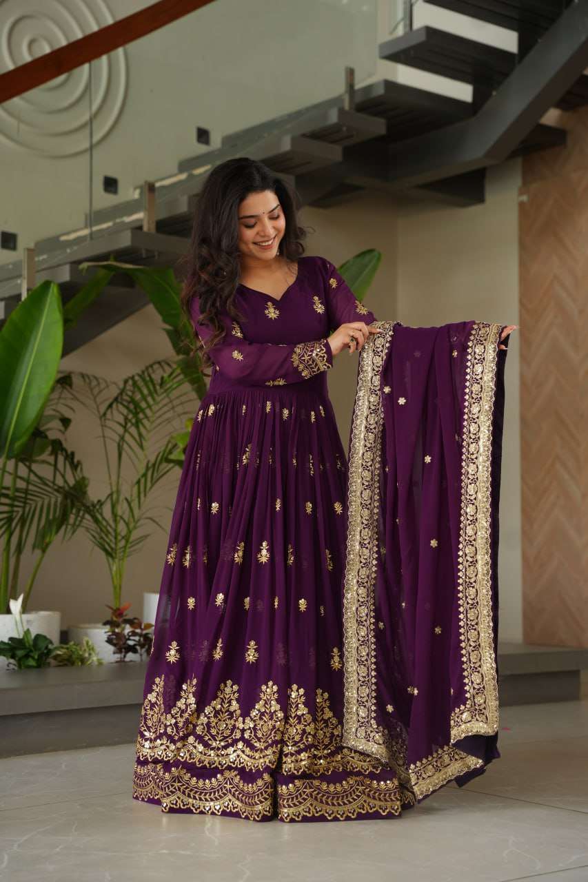 Royal Purple Faux Blooming Gown – Zari & Sequence Embroidery with Dupatta