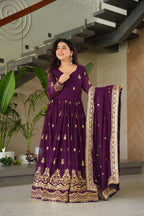 Royal Purple Faux Blooming Gown – Zari & Sequence Embroidery with Dupatta