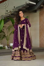 Royal Purple Faux Blooming Gown – Zari & Sequence Embroidery with Dupatta