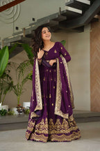 Royal Purple Faux Blooming Gown – Zari & Sequence Embroidery with Dupatta