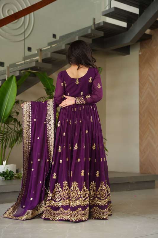 Royal Purple Faux Blooming Gown – Zari & Sequence Embroidery with Dupatta