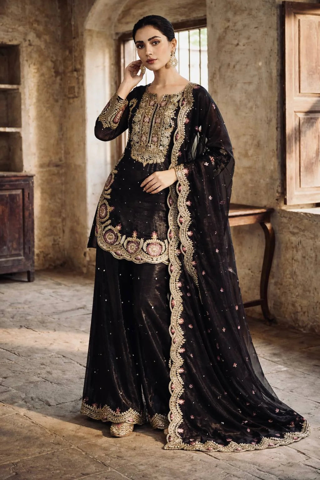 Luxury Pure GMY Silk Embroidered Plazzo Set with Moti Work