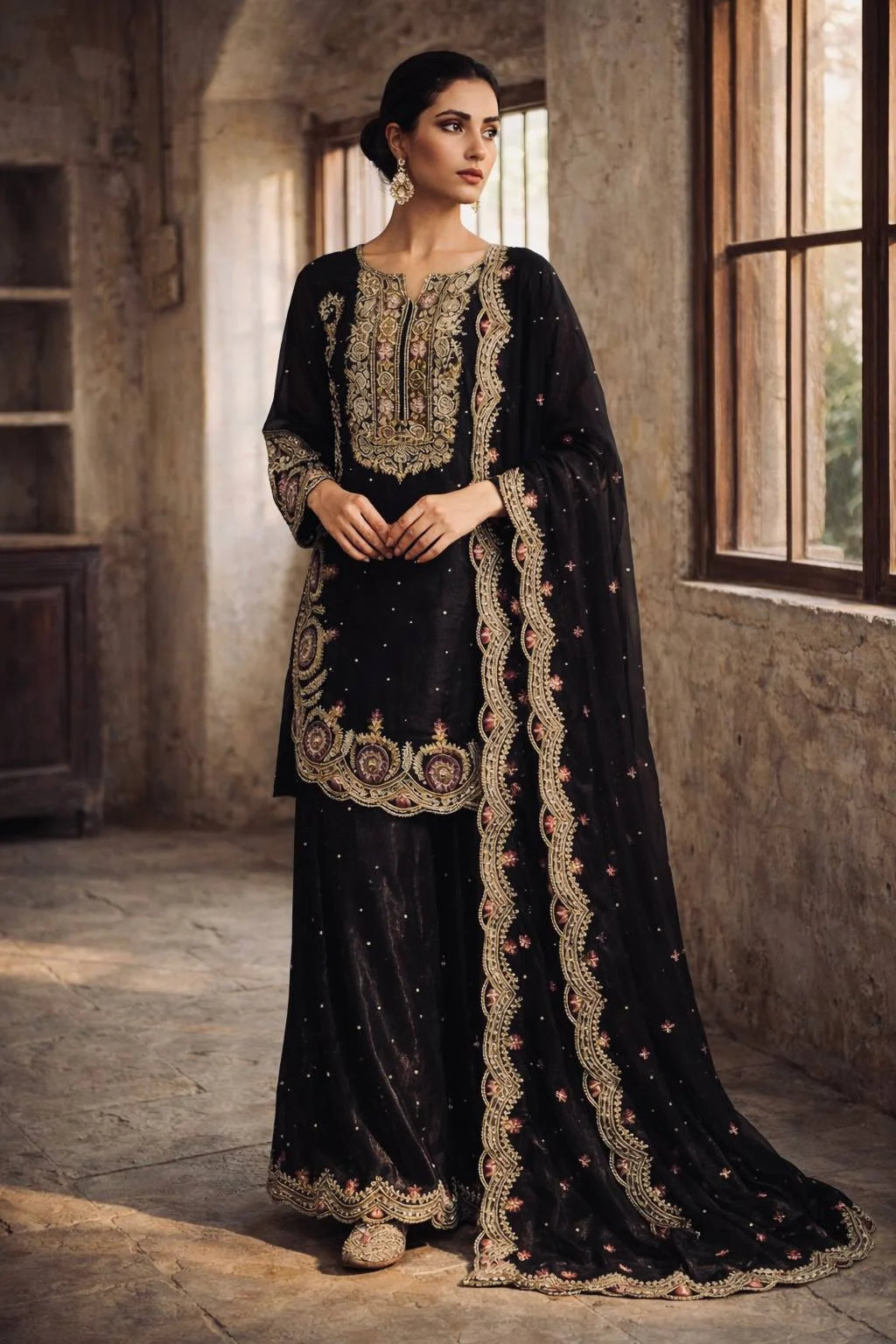 Luxury Pure GMY Silk Embroidered Plazzo Set with Moti Work
