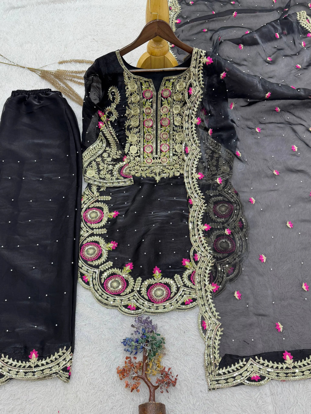 Luxury Pure GMY Silk Embroidered Plazzo Set with Moti Work