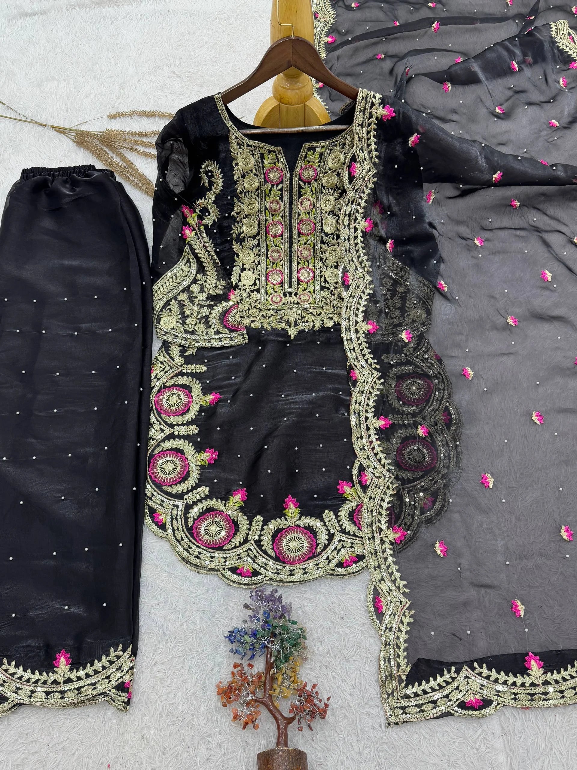 Luxury Pure GMY Silk Embroidered Plazzo Set with Moti Work