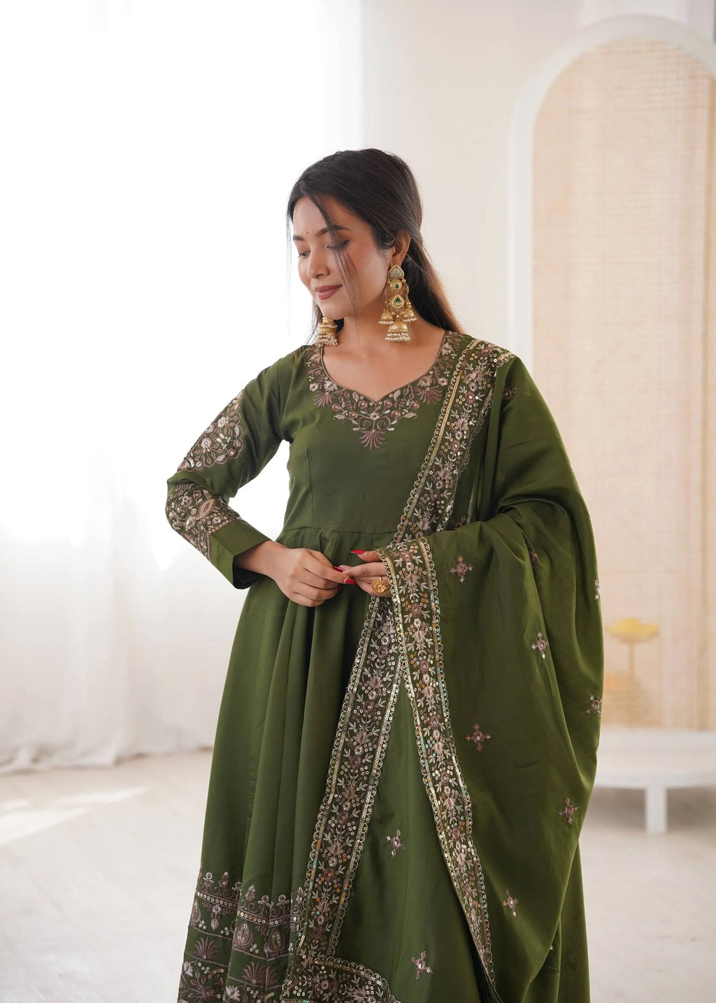 Opulent Roman Silk Green Anarkali Gown with Dupatta