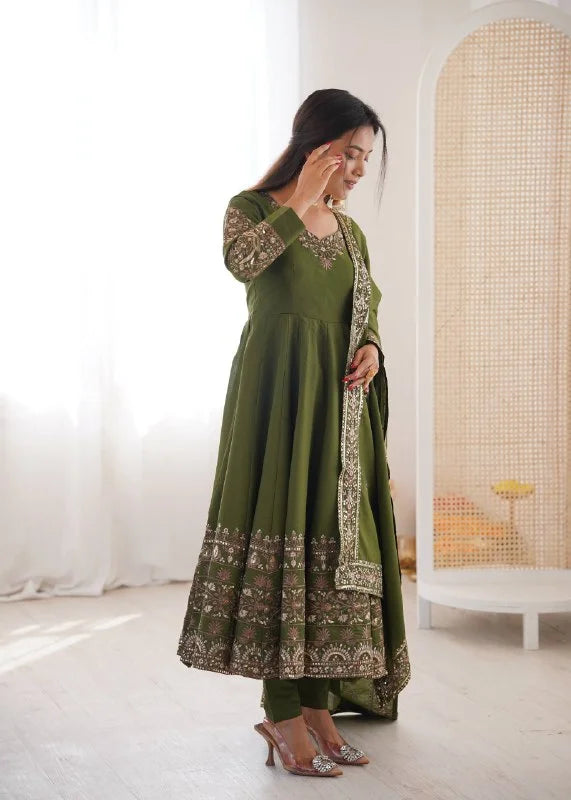Opulent Roman Silk Green Anarkali Gown with Dupatta