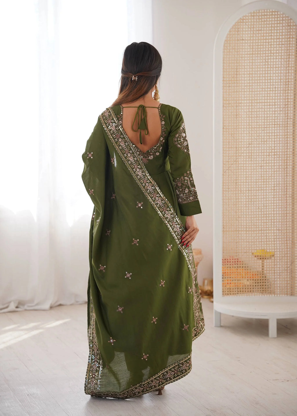 Opulent Roman Silk Green Anarkali Gown with Dupatta