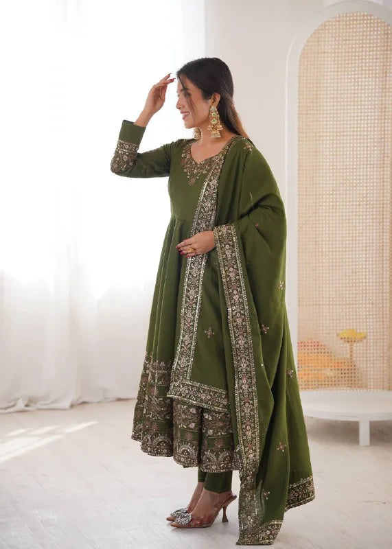 Opulent Roman Silk Green Anarkali Gown with Dupatta