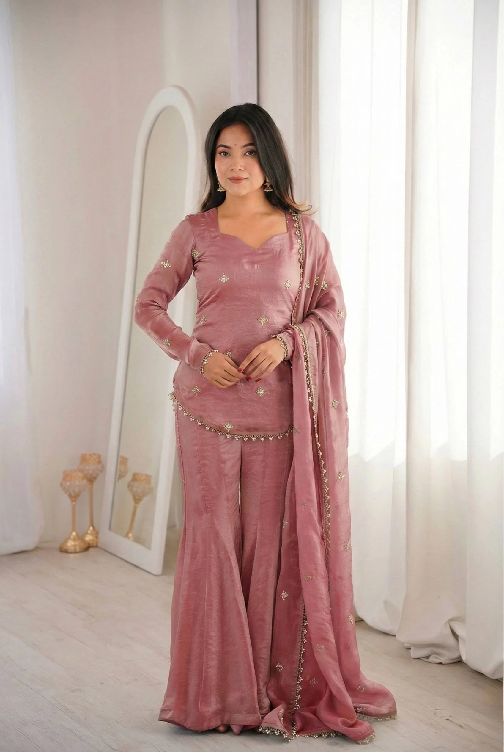 Eid Wear Fendy Silk Sequence Work Kurti Sharara Set