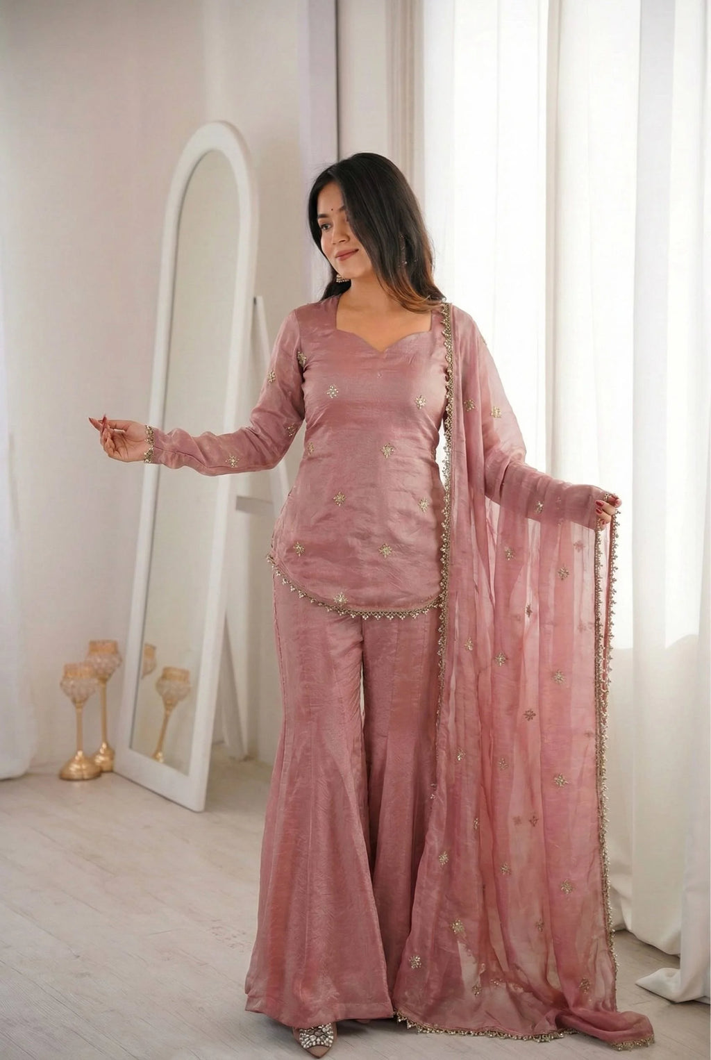 Eid Wear Fendy Silk Sequence Work Kurti Sharara Set