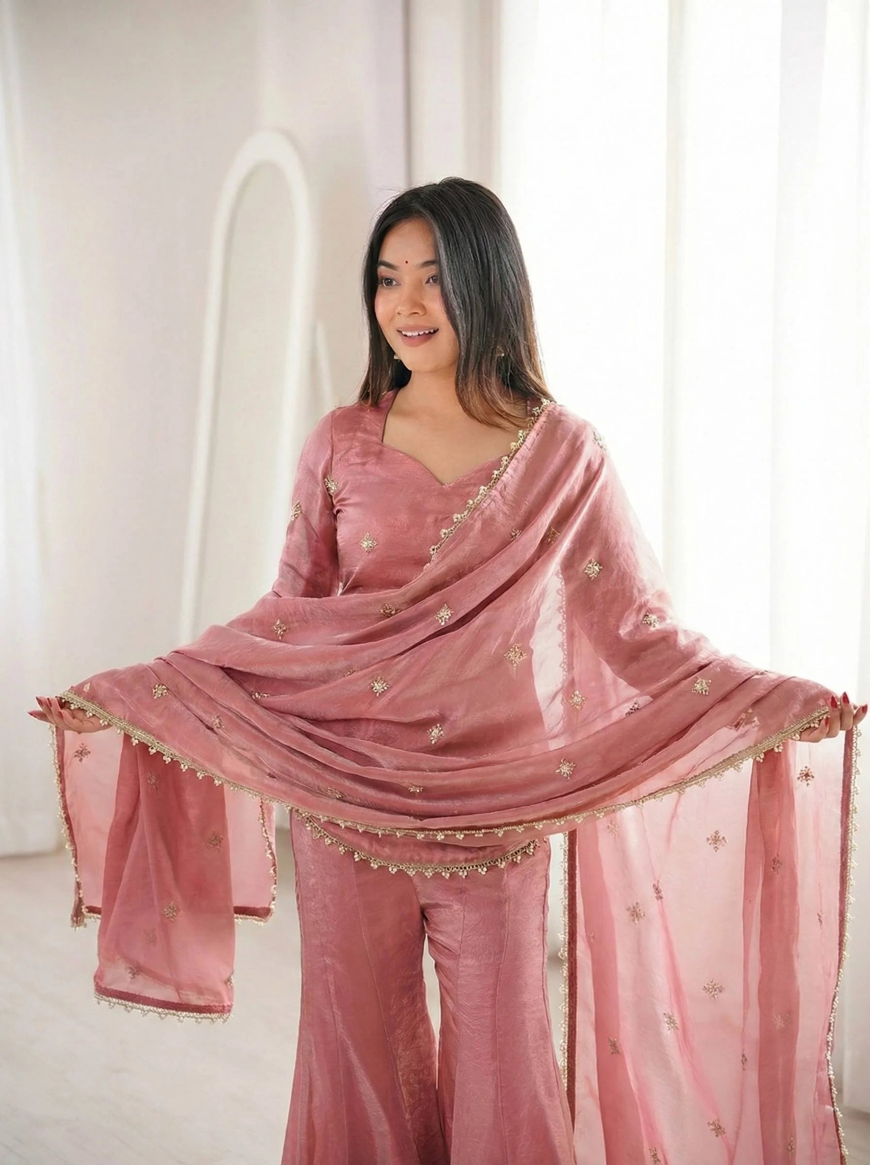Eid Wear Fendy Silk Sequence Work Kurti Sharara Set