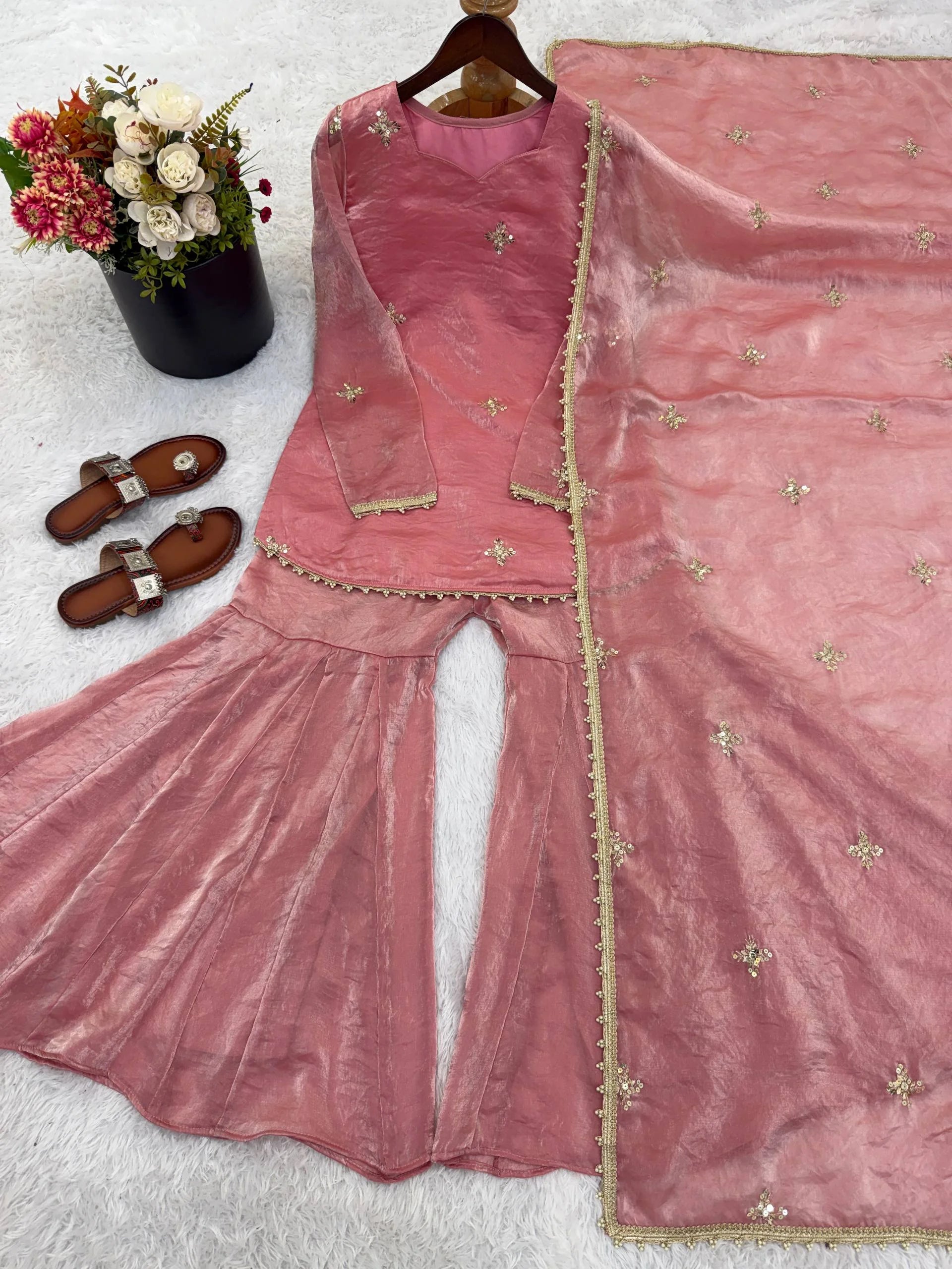 Eid Wear Fendy Silk Sequence Work Kurti Sharara Set