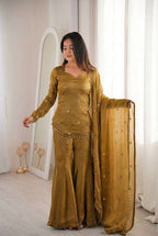 Graceful Mustard Party Wear Kurti Sharara Set for Eid