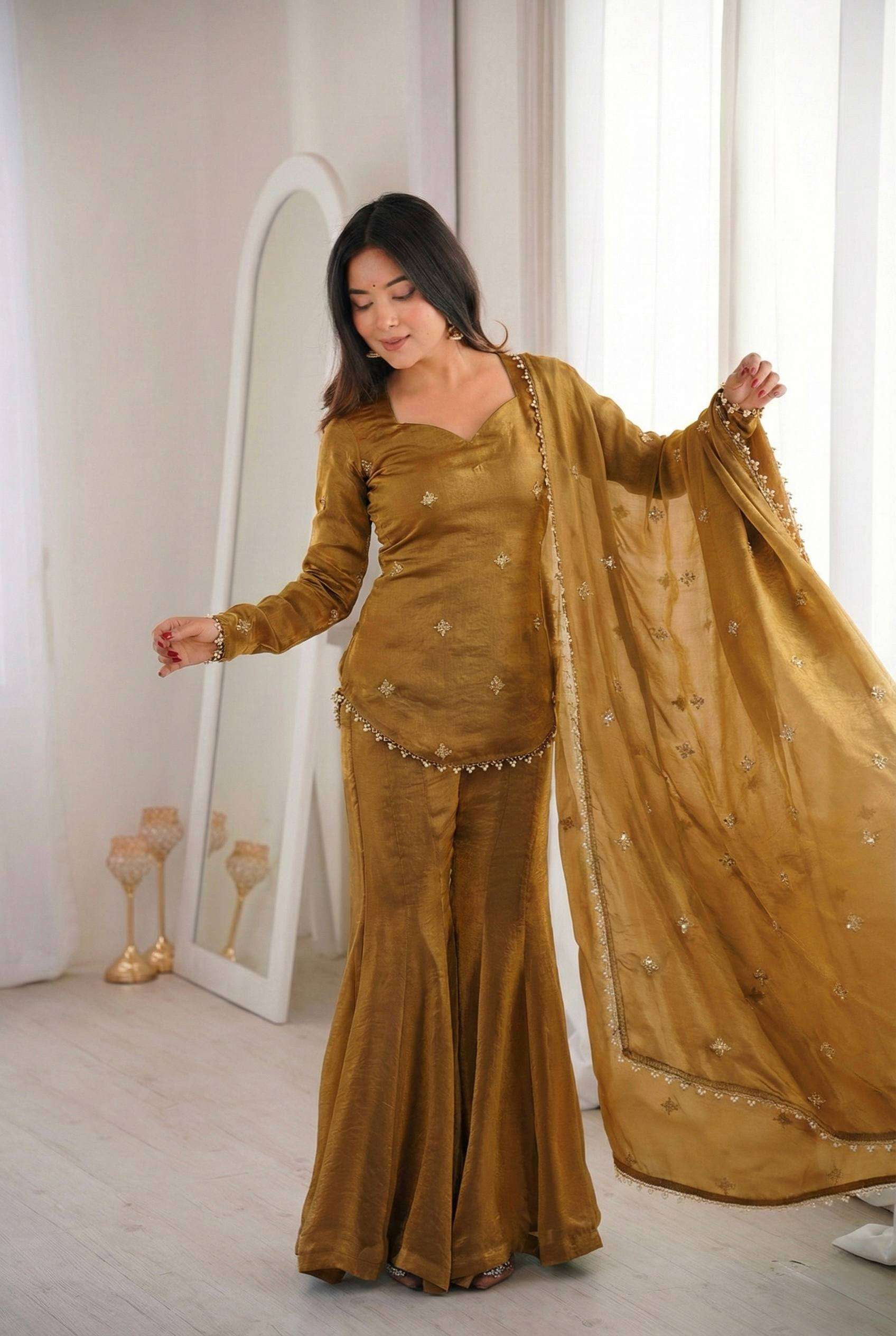 Graceful Mustard Party Wear Kurti Sharara Set for Eid