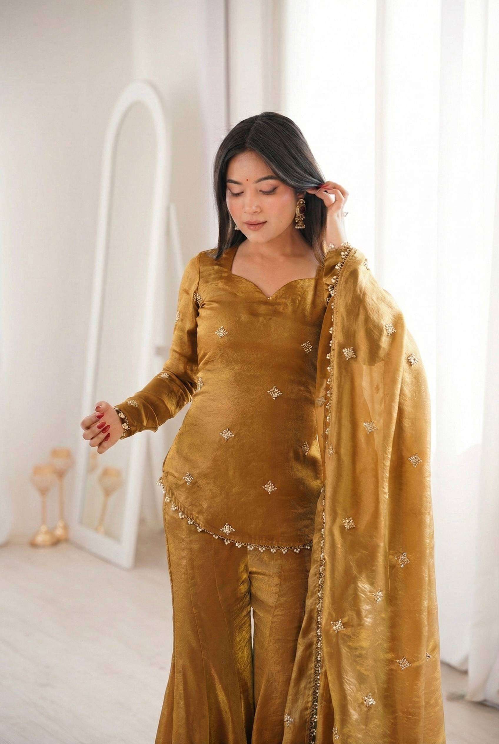 Graceful Mustard Party Wear Kurti Sharara Set for Eid