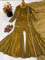 Graceful Mustard Party Wear Kurti Sharara Set for Eid