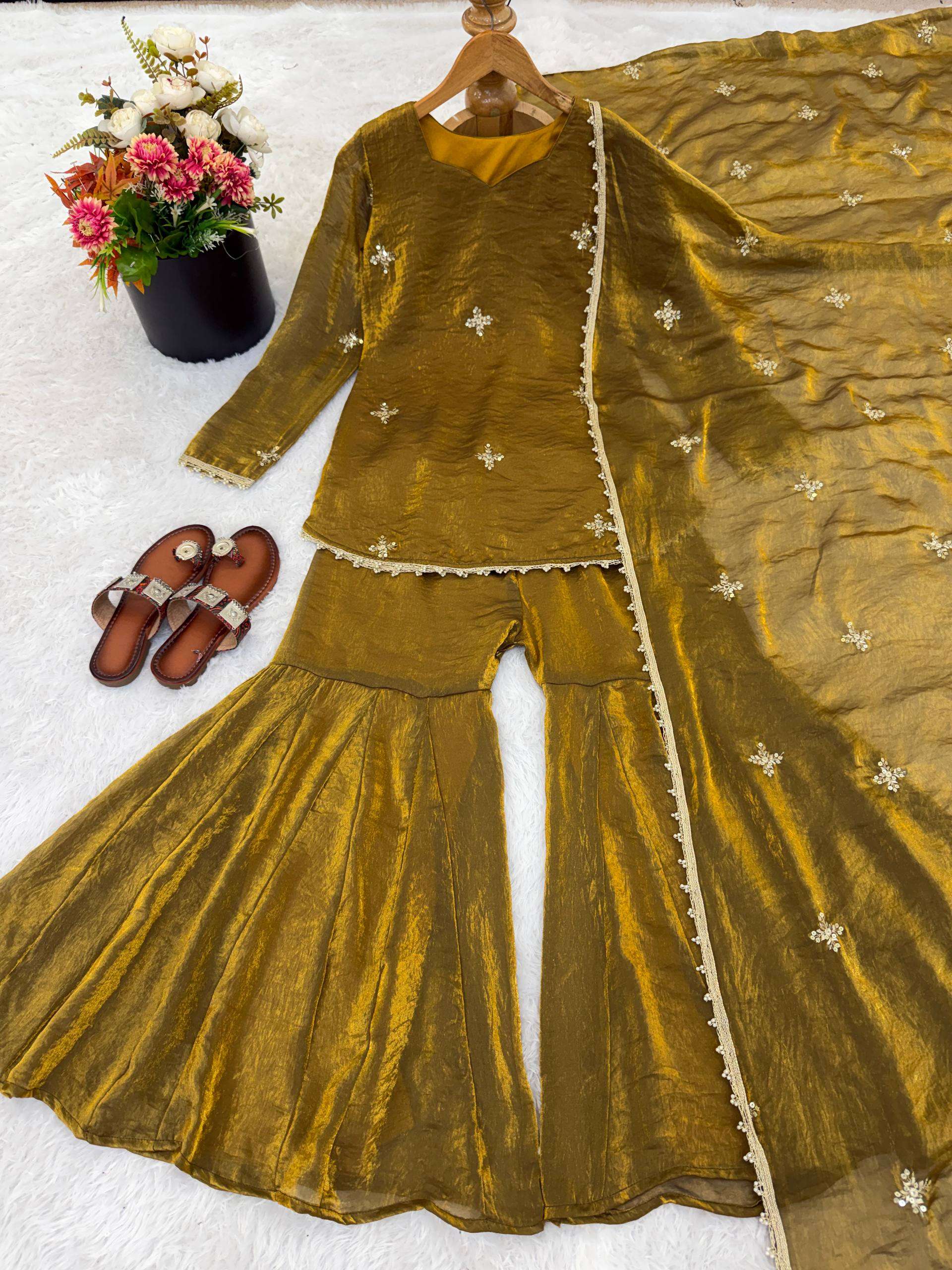 Graceful Mustard Party Wear Kurti Sharara Set for Eid