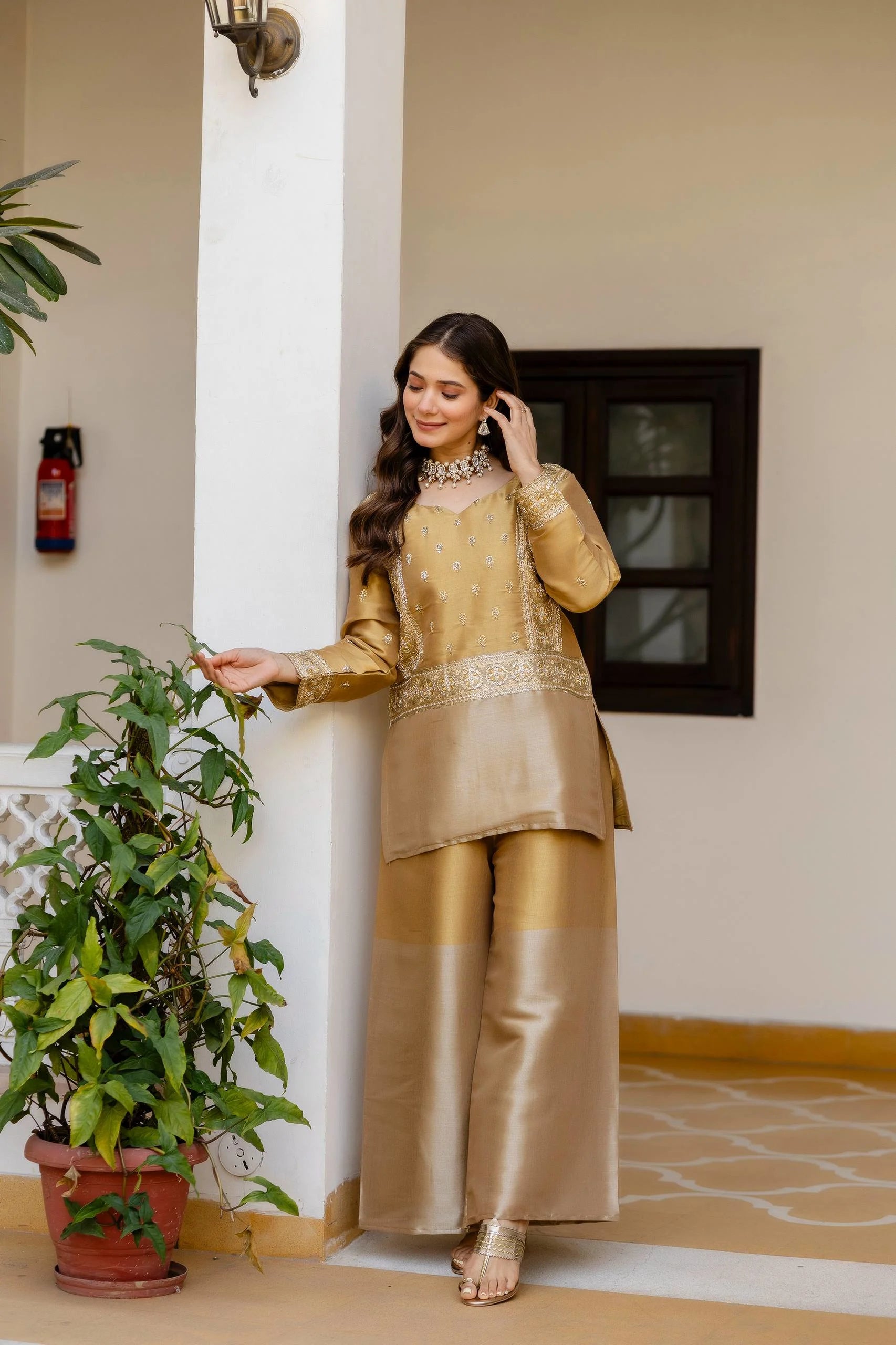 Timeless Banarasi Charm: Embroidered Viscose Top with Matching Bottom Set