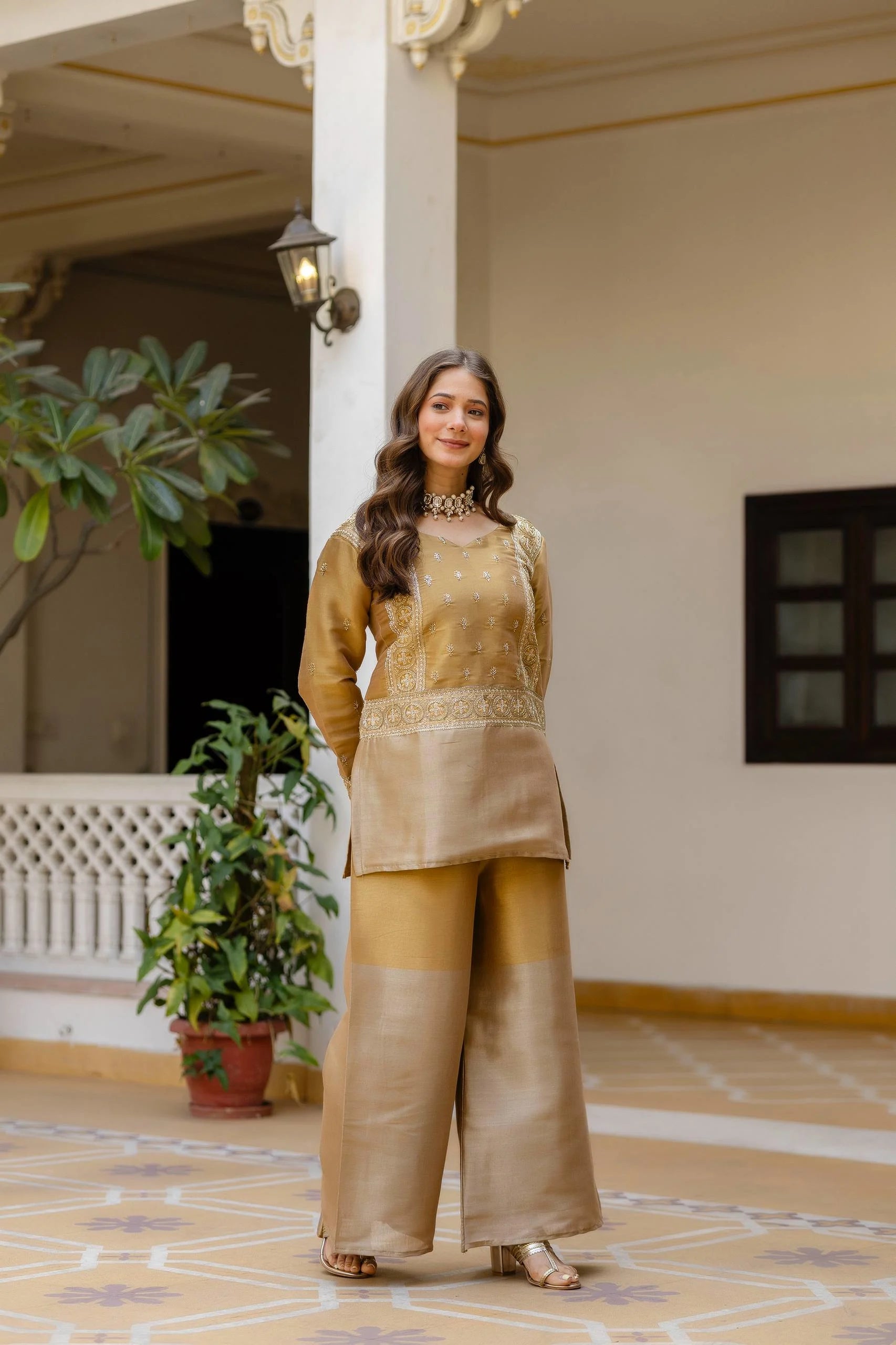 Timeless Banarasi Charm: Embroidered Viscose Top with Matching Bottom Set