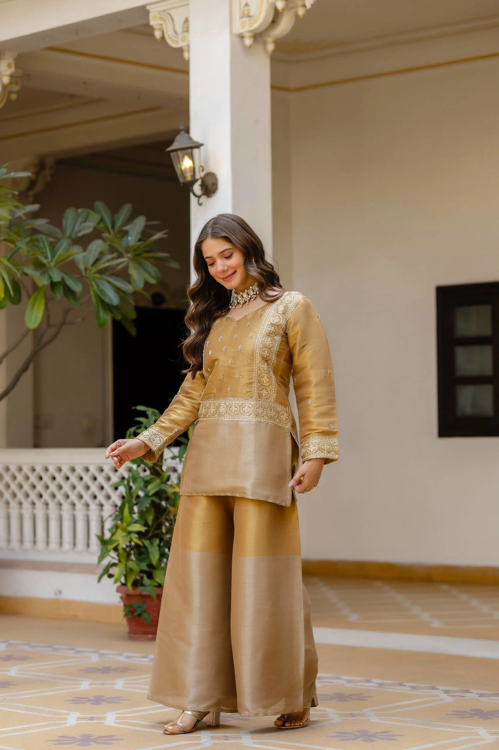 Timeless Banarasi Charm: Embroidered Viscose Top with Matching Bottom Set