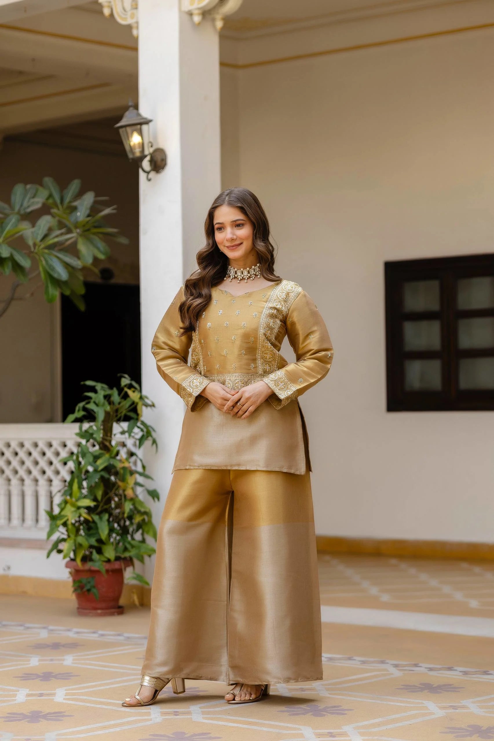 Timeless Banarasi Charm: Embroidered Viscose Top with Matching Bottom Set