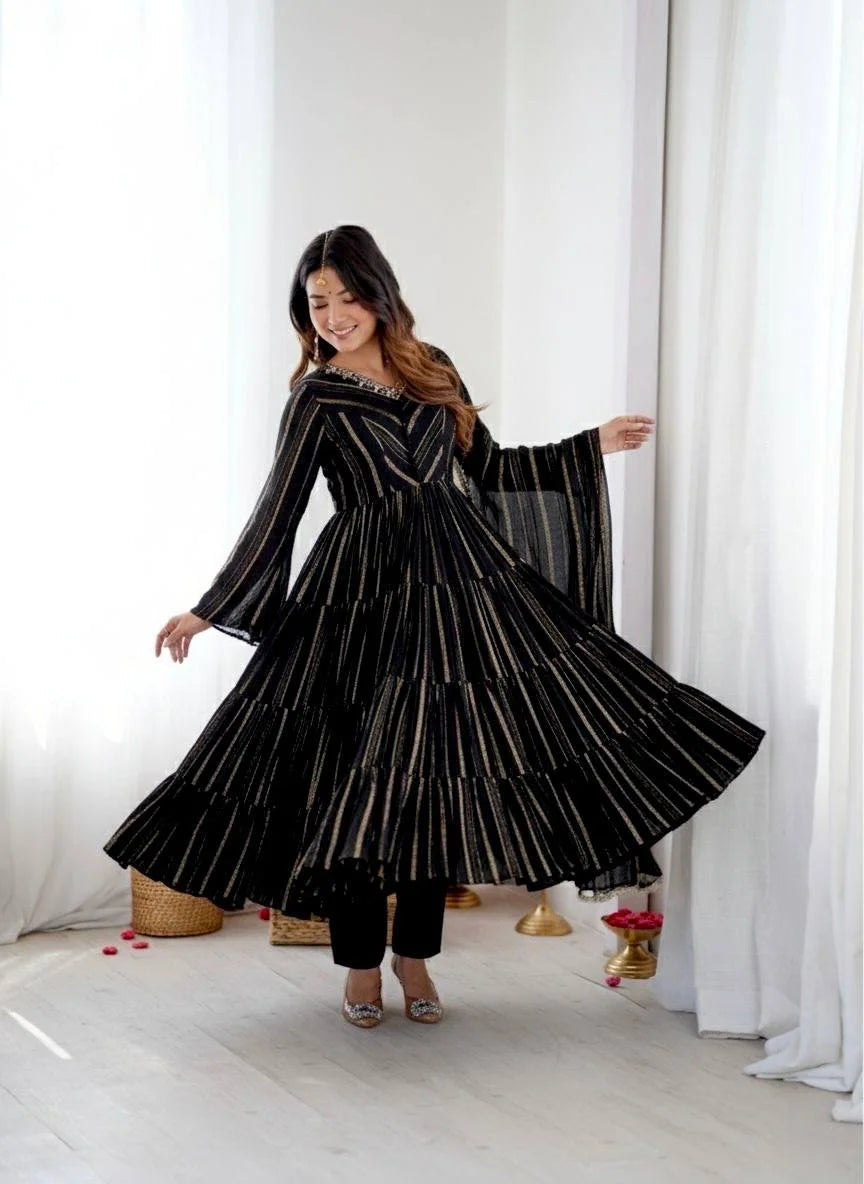 Radiant Mal Chanderi Ruffle Gown set with Artisan Mirror Detailing