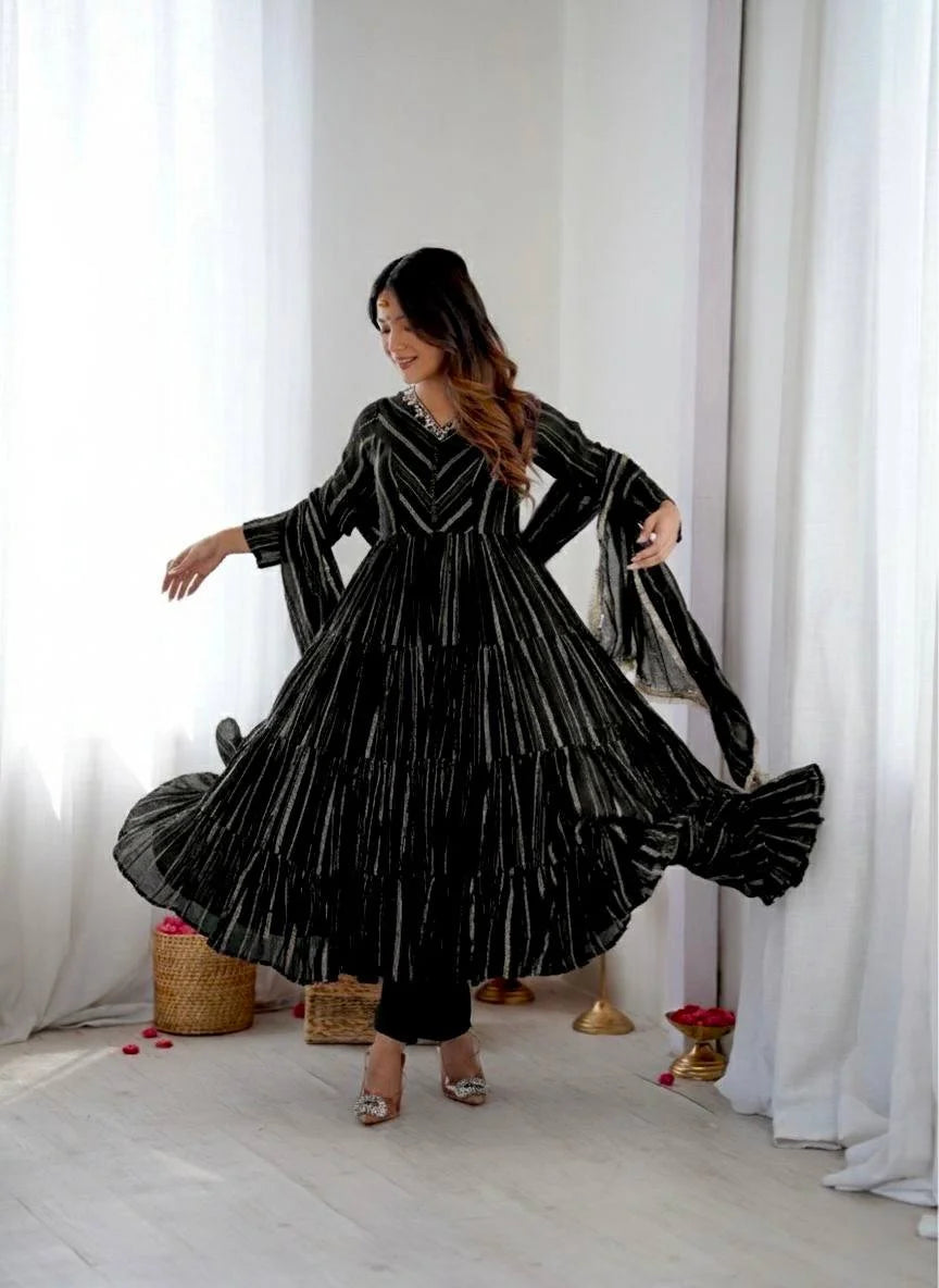 Radiant Mal Chanderi Ruffle Gown set with Artisan Mirror Detailing