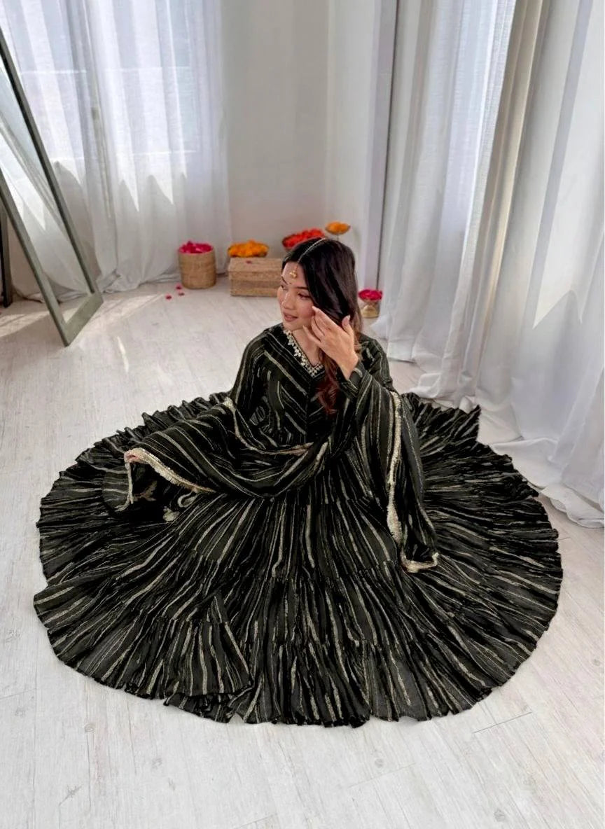 Radiant Mal Chanderi Ruffle Gown set with Artisan Mirror Detailing