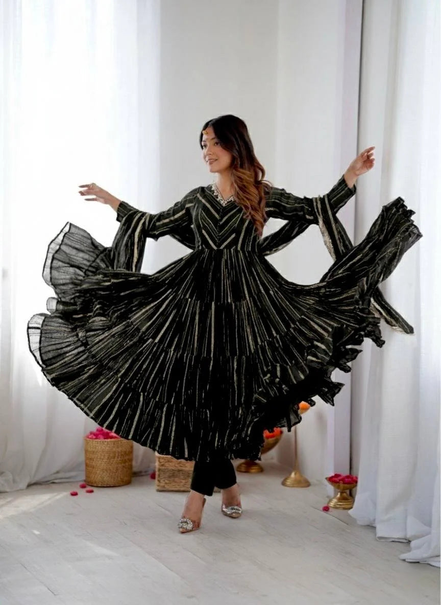 Radiant Mal Chanderi Ruffle Gown set with Artisan Mirror Detailing