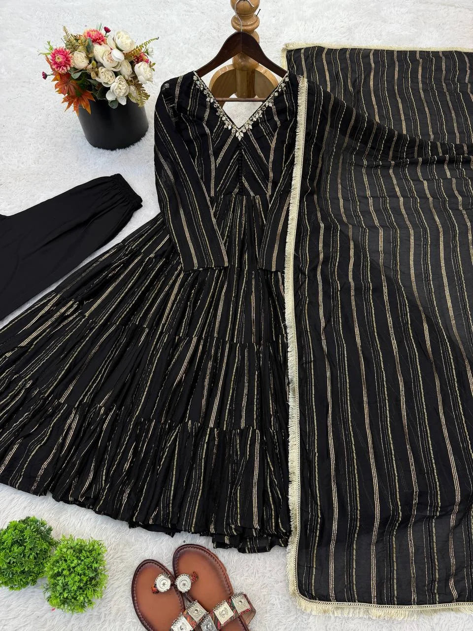 Radiant Mal Chanderi Ruffle Gown set with Artisan Mirror Detailing