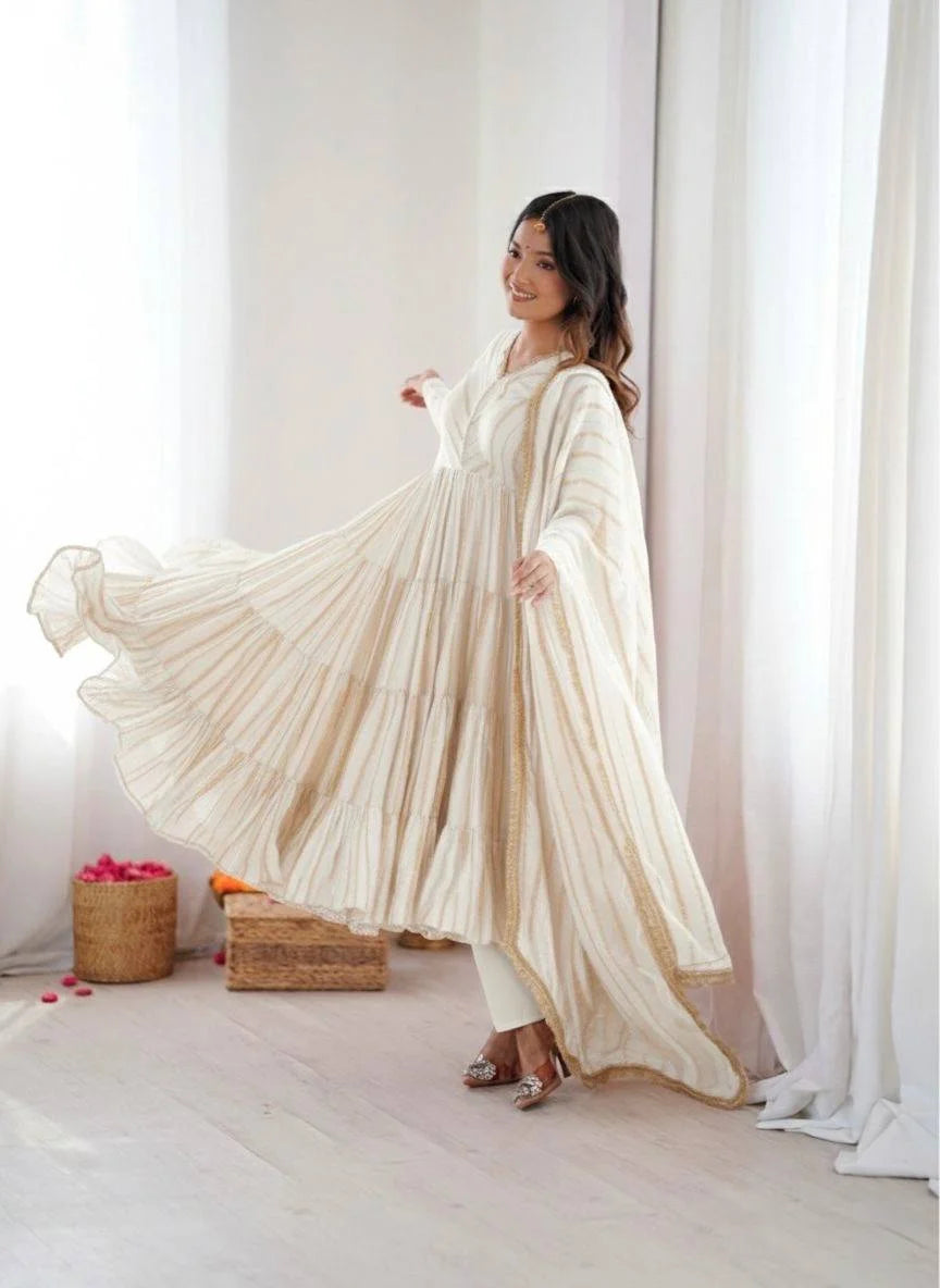 Graceful White Full Sleeve Ruffle Gown with Pant & Dupatta