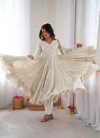 Graceful White Full Sleeve Ruffle Gown with Pant & Dupatta