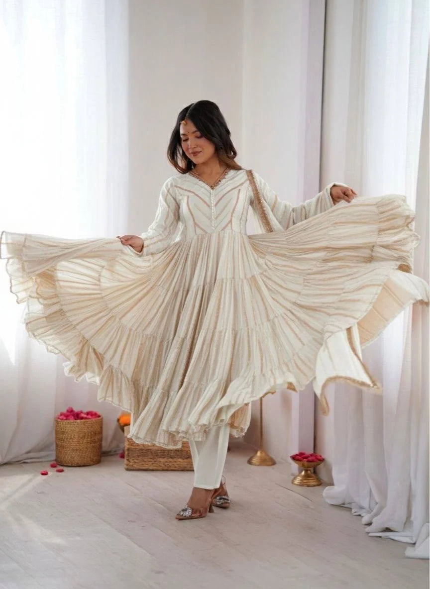 Graceful White Full Sleeve Ruffle Gown with Pant & Dupatta