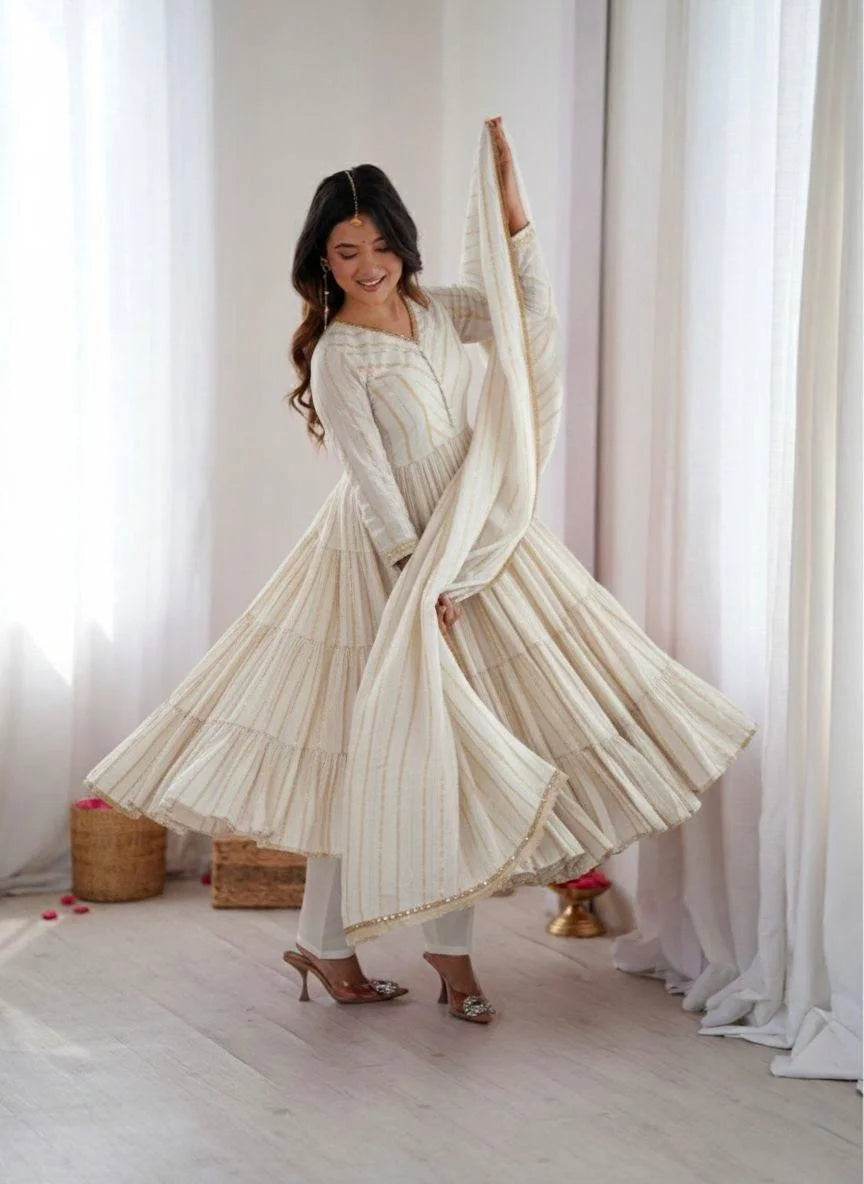Graceful White Full Sleeve Ruffle Gown with Pant & Dupatta