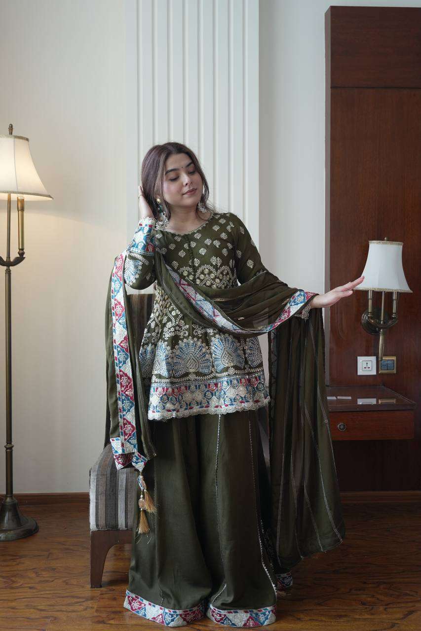 Chinon Festival Special Kurti Plazzo Set with Embroidery Work