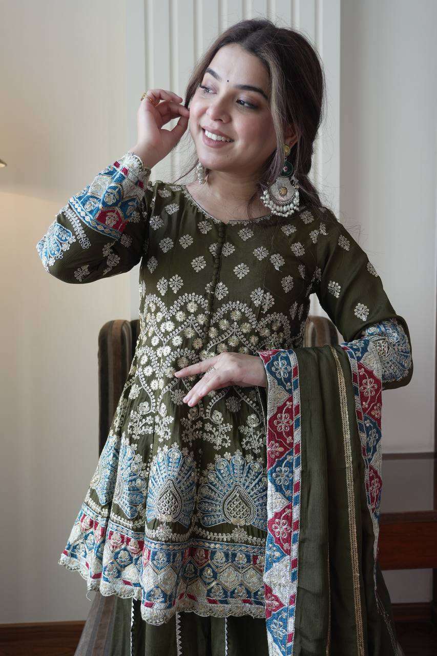 Chinon Festival Special Kurti Plazzo Set with Embroidery Work