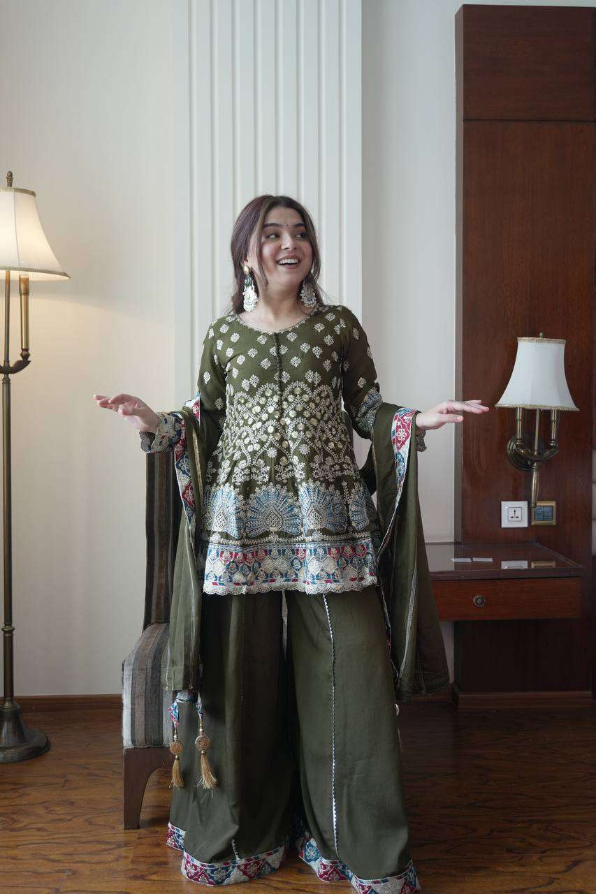 Chinon Festival Special Kurti Plazzo Set with Embroidery Work