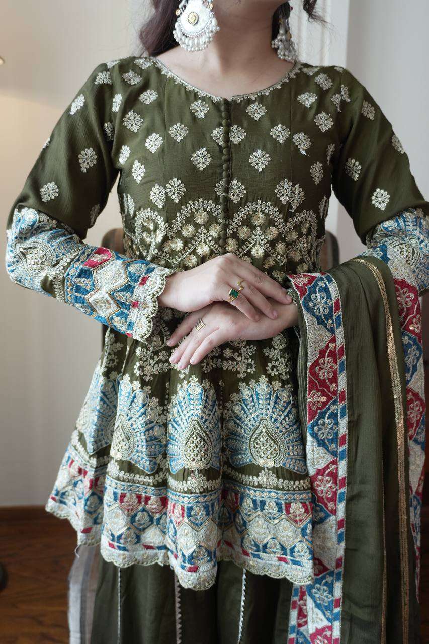 Chinon Festival Special Kurti Plazzo Set with Embroidery Work