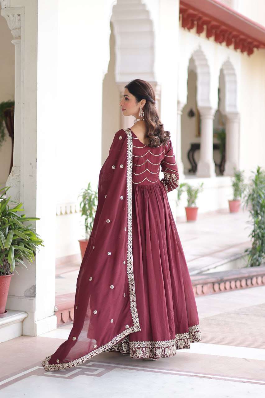 Plus Size - Wine Vichitra Silk Gown with Designer Dupatta