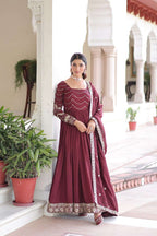 Plus Size - Wine Vichitra Silk Gown with Designer Dupatta
