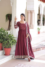 Wine Vichitra Silk Gown with Designer Dupatta