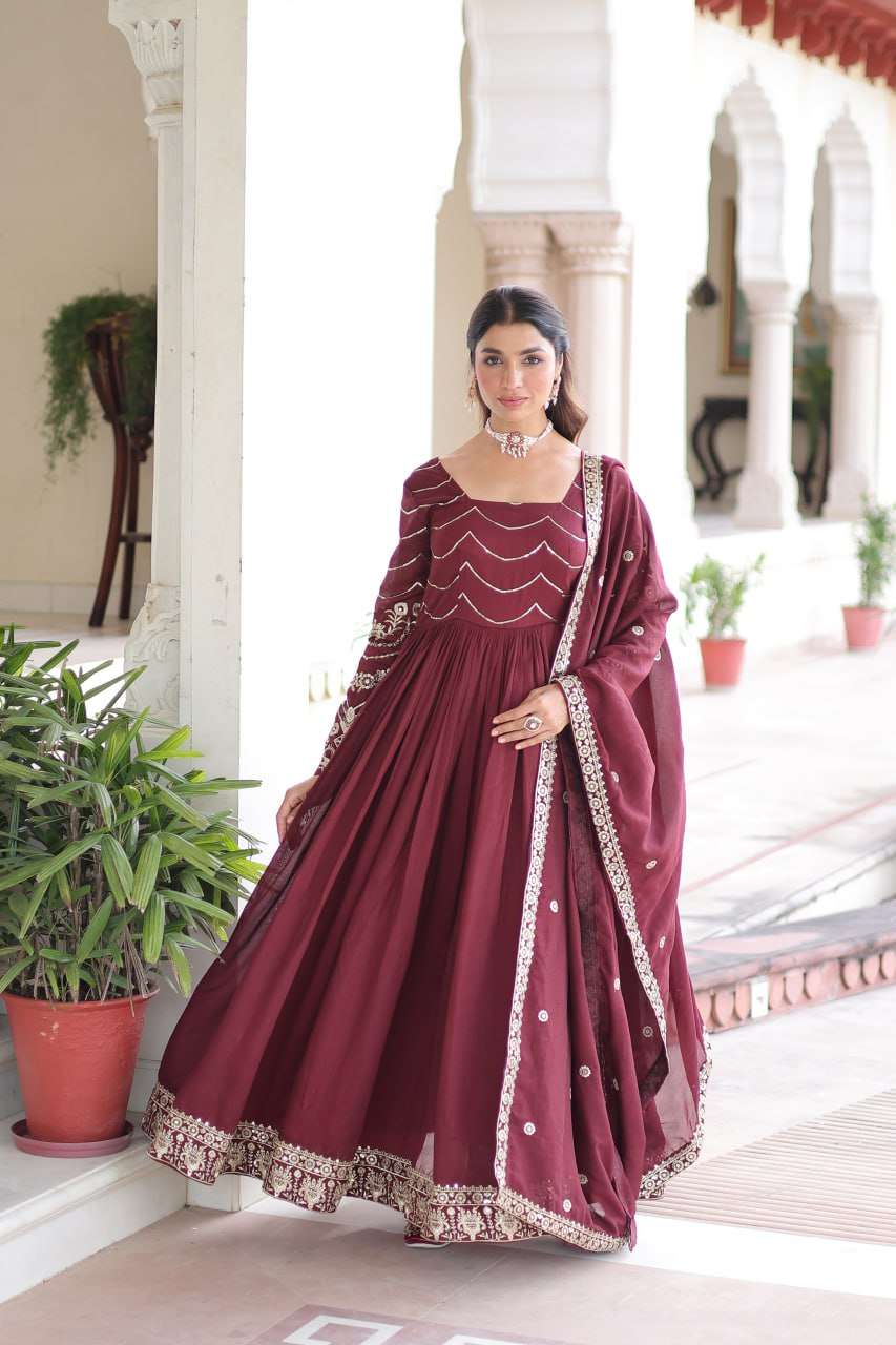 Plus Size - Wine Vichitra Silk Gown with Designer Dupatta