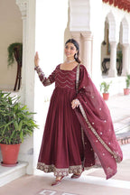Plus Size - Wine Vichitra Silk Gown with Designer Dupatta