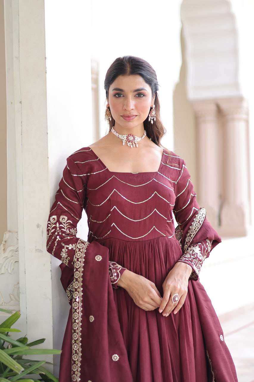 Plus Size - Wine Vichitra Silk Gown with Designer Dupatta