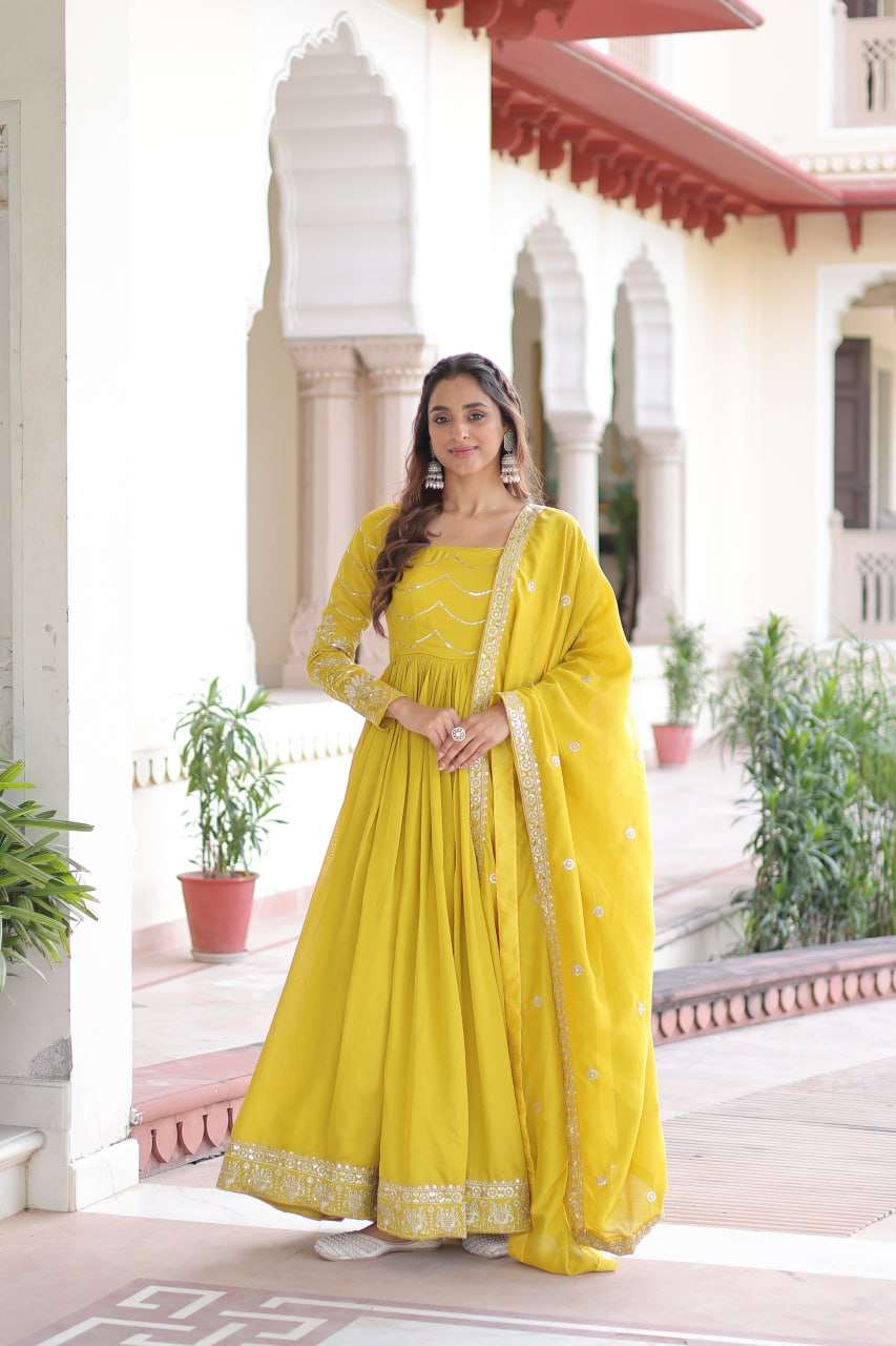 Bright Yellow Designer Gown with Sequence Embroidery Detailing