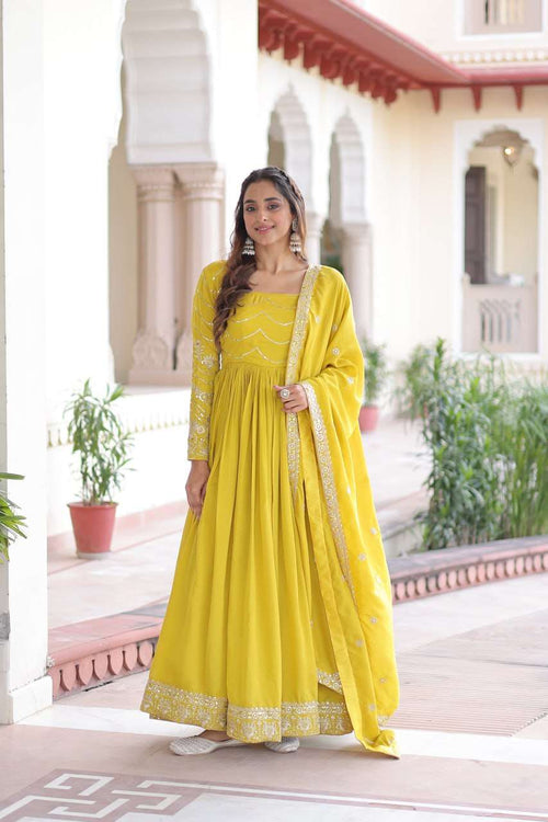 Bright Yellow Designer Gown with Sequence Embroidery Detailing